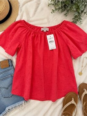 NWT LOFT Coral Off Shoulder Swiss Dot Top XS Boho Summer Blouse